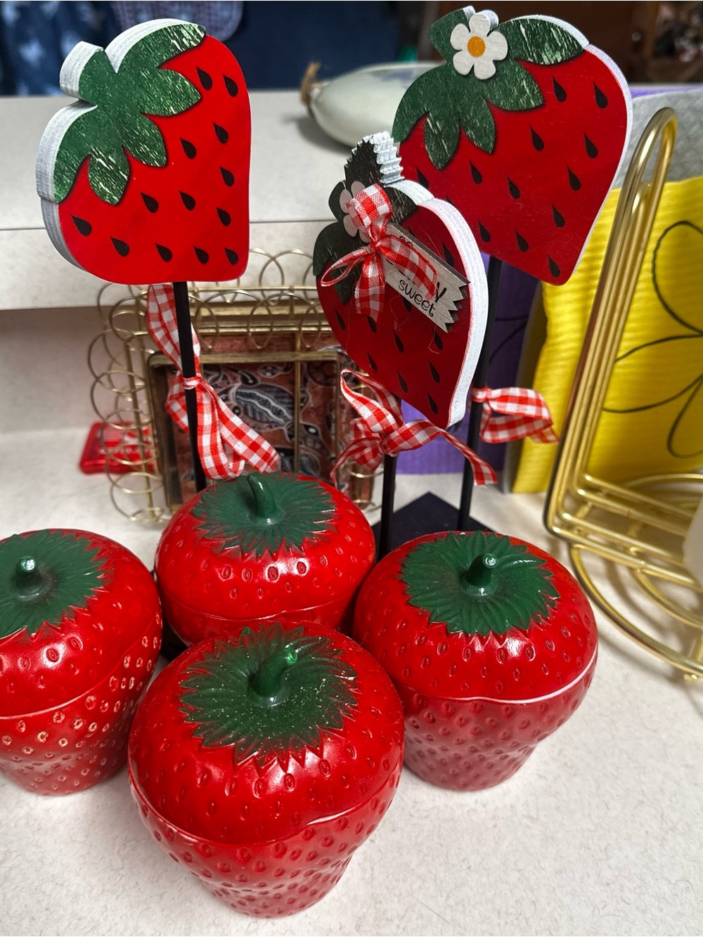 Striking Red Strawberry Ceramic Canister Set with Decorative Picks